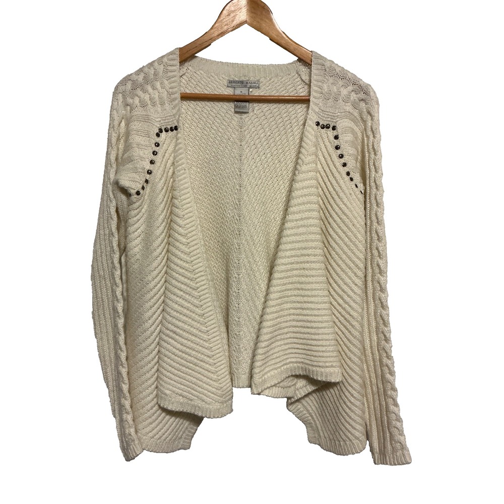 Alberto Makali Cardigan Sz Medium Ivory Ribbed Cable Knit Sleeves & Metal Accent